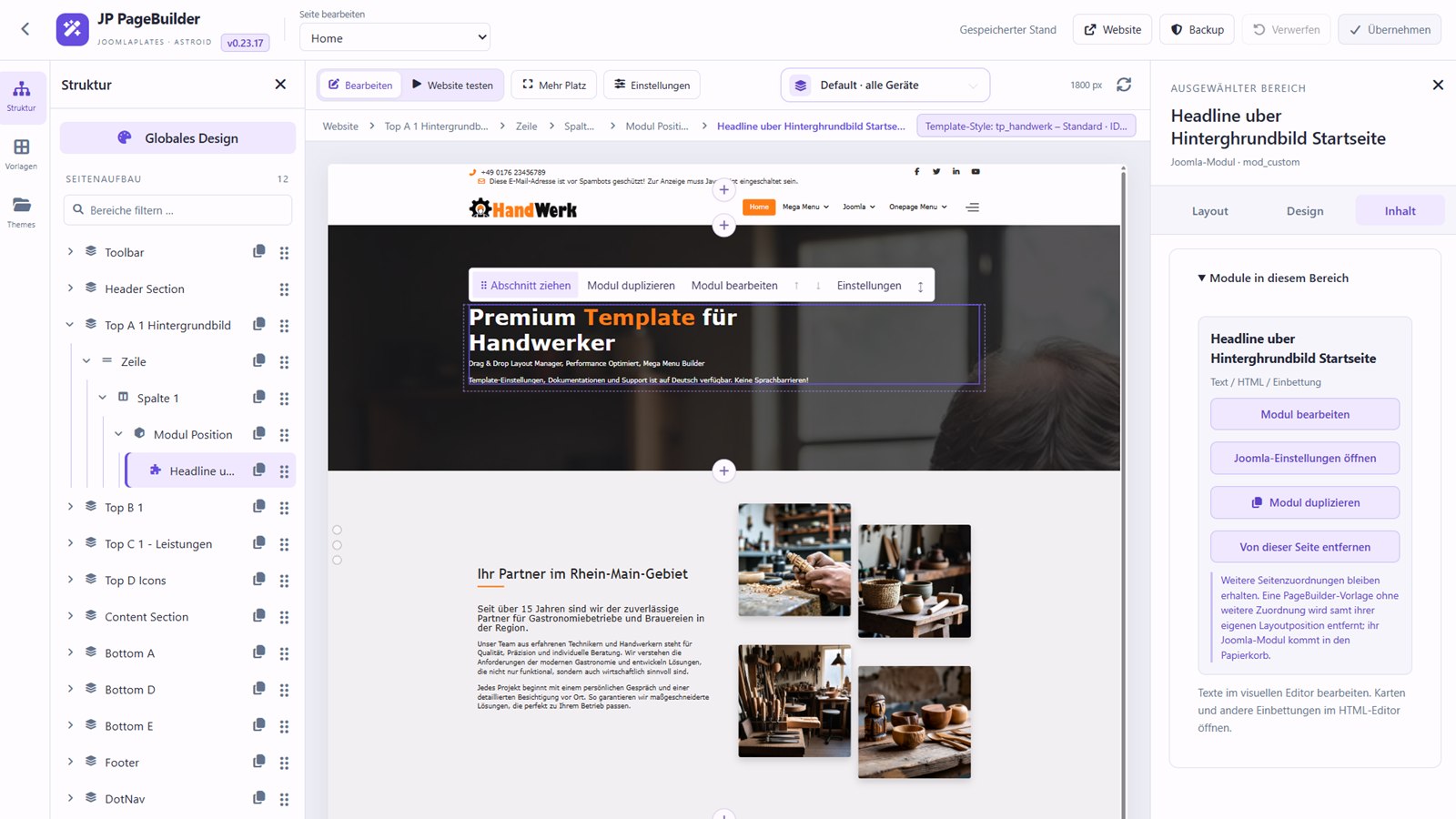 PageBuilder mit Struktur, Vorschau und Einstellungen